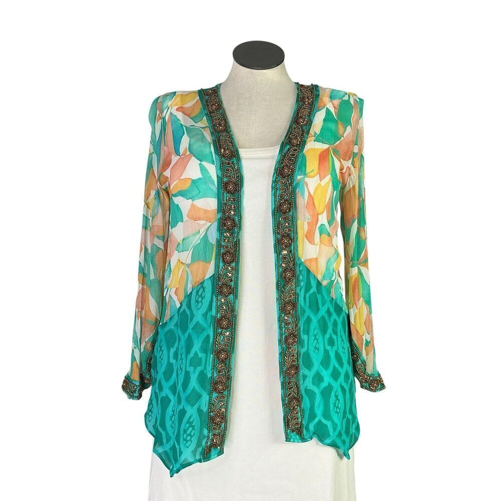 Soft Surroundings Kimono Women L Green Multi Viscose Floral Beaded Sequin Topper